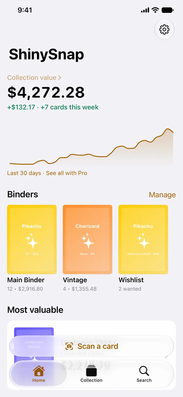 The ShinySnap home screen: collection value $4,272.28, up $132.17 this week, a 30-day value chart and three binders. Cards show placeholder art.